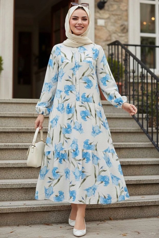 Floral Patterned Blue Hijab Dress 63402m