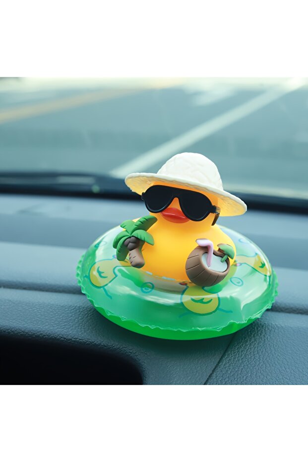 green Cute Summer Beach Duck Car Ornament, Sunglasses Duck with Swim Ring, Dashboard Decor for C...