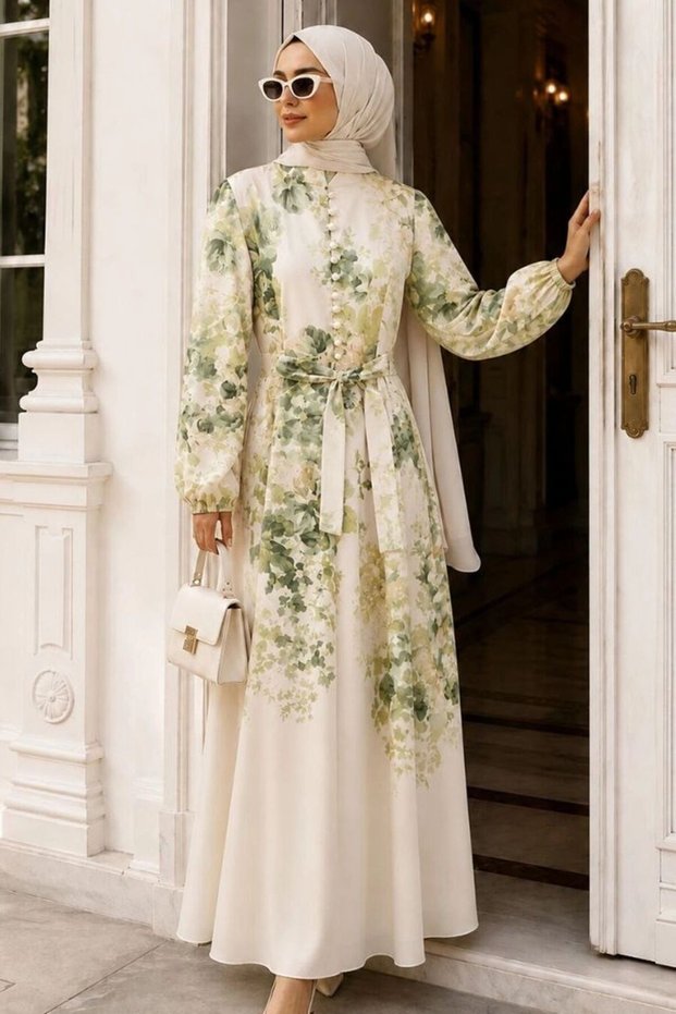 Floral Patterned Green Hijab Dress with Button Detail 5339Y