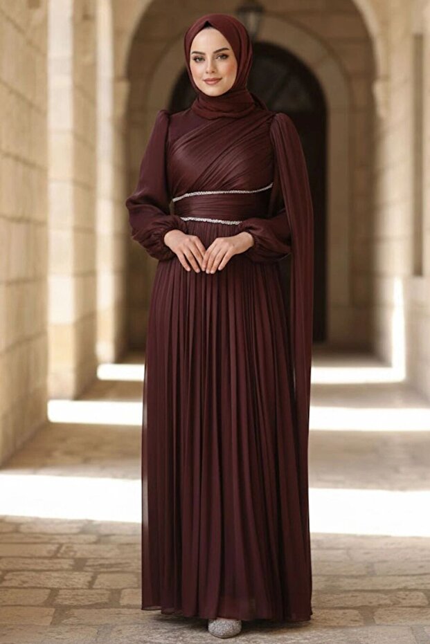- Cape Detailed Brown Hijab Evening Dress 53021Kh