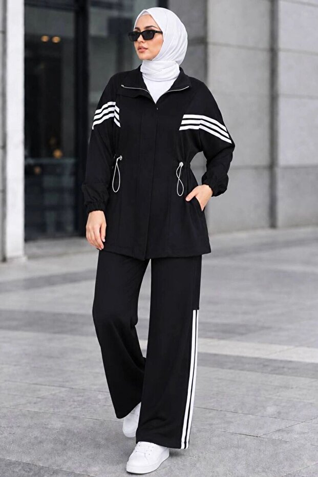 Oysho Black Hijab Pants Set with Sleeve Ribbon Detail and Pockets 10601S