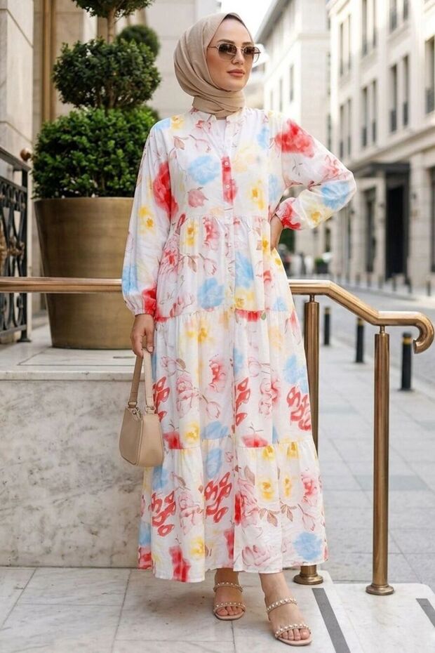 Patterned Powder Hijab Dress 20626Pd