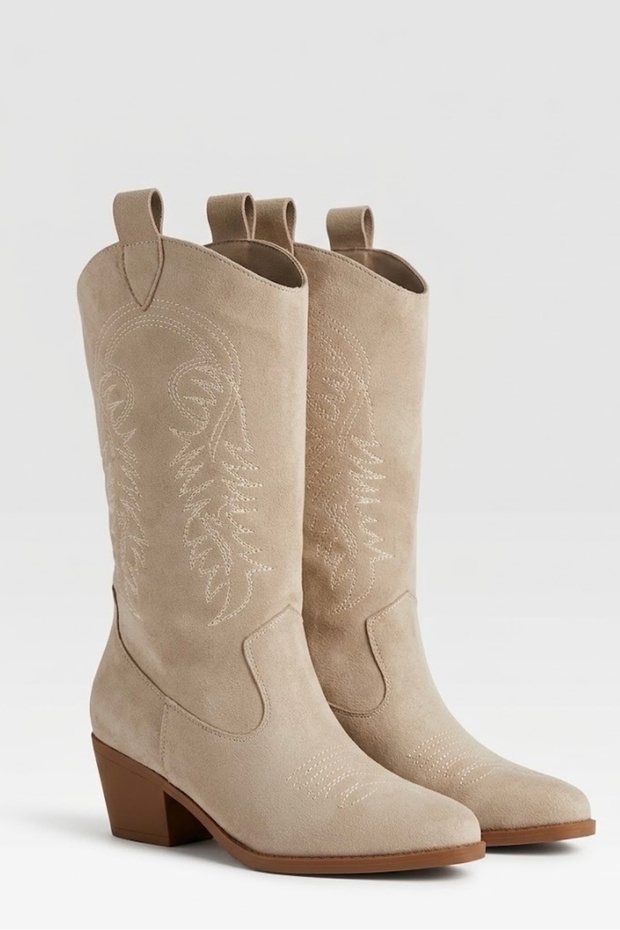 Suede Embroidered Zipper Detailed Western Cowboy Boots Beige