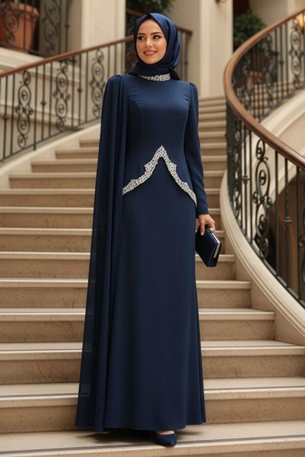 - Cape Detailed Navy Blue Hijab Evening Dress 54341L
