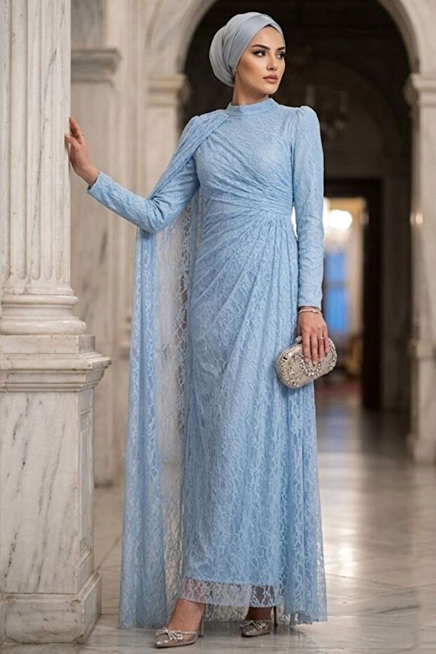 Lace Baby Blue Hijab Evening Dress 5659Bm