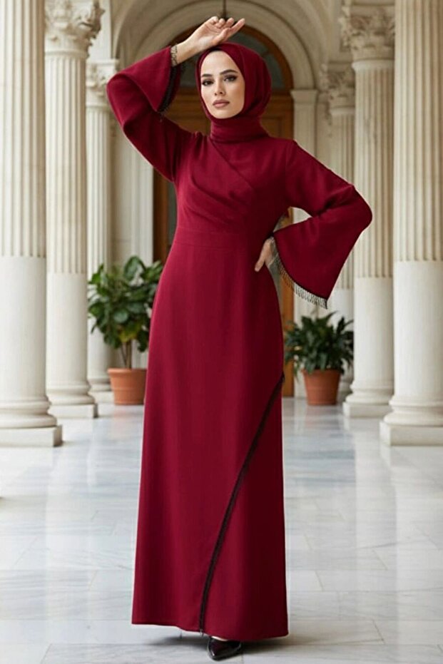 Tassel Detailed Burgundy Hijab Evening Dress 33150Br