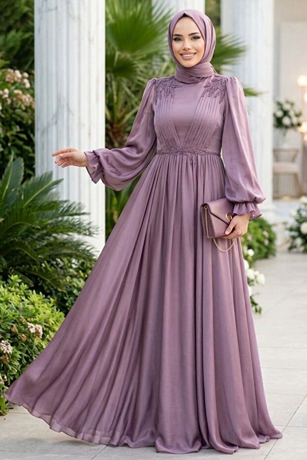 Balloon Sleeve Dusty Rose Hijab Evening Dress 21910Gk