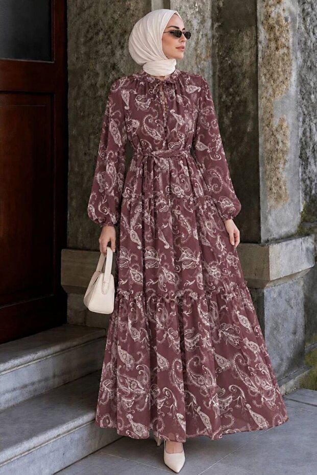 Shawl Patterned Tie-Waist Dark Brown Hijab Dress 24761Kkh