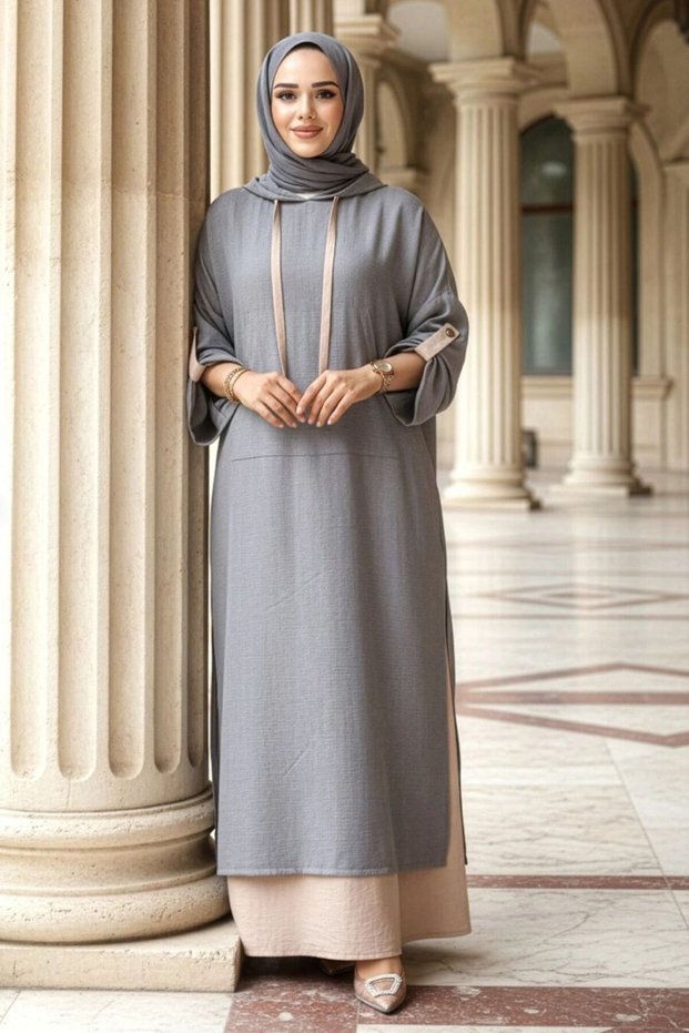 Grey Hooded Modest Dress 76612GR