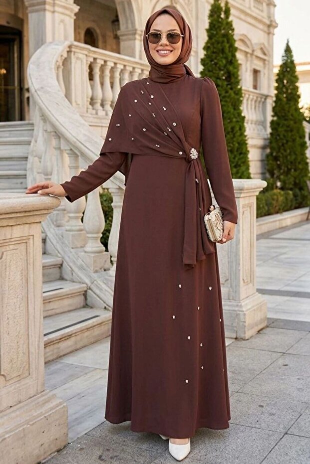 Cape Detailed Brown Hijab Evening Dress 56101Kh