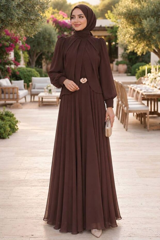 Brooch Detailed Draped Brown Hijab Evening Dress 5747Kh