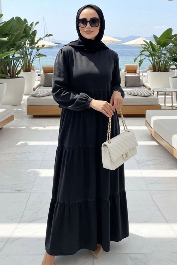 Pleated Black Hijab Denim Dress 19164S