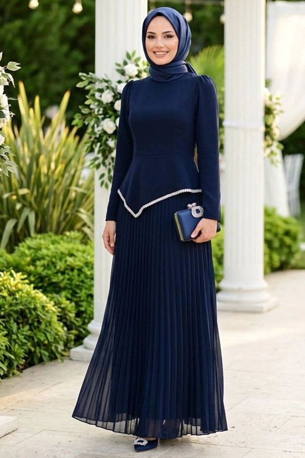 Pleated Navy Blue Hijab Evening Dress 47701L