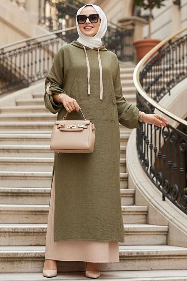 Hooded Khaki Hijab Dress 76612Hk
