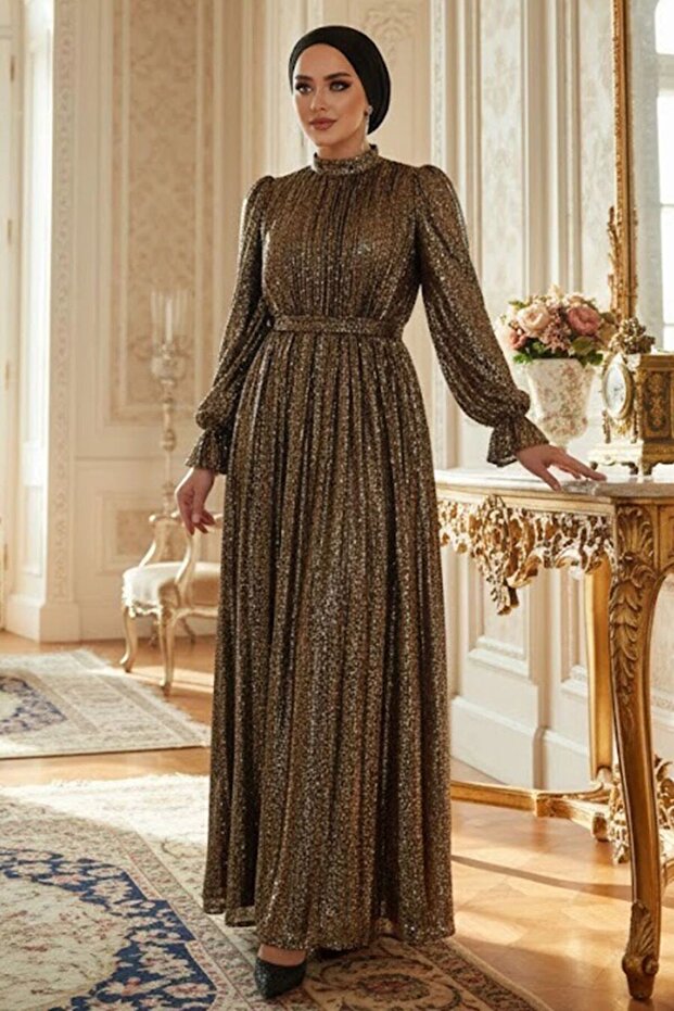 Sequined Gold Hijab Evening Dress 44961Gold