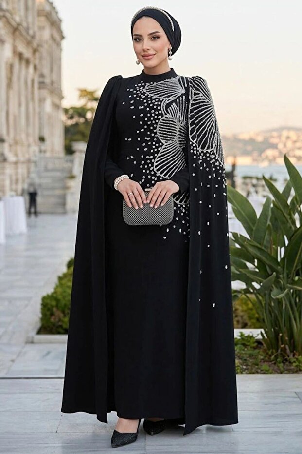Black Hijab Evening Dress with Sleeves Cape 51671S