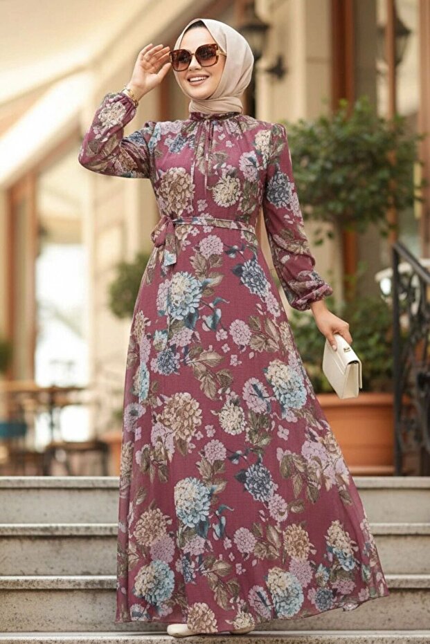 Floral Patterned Dark Dusty Rose Hijab Dress 279083Kgk