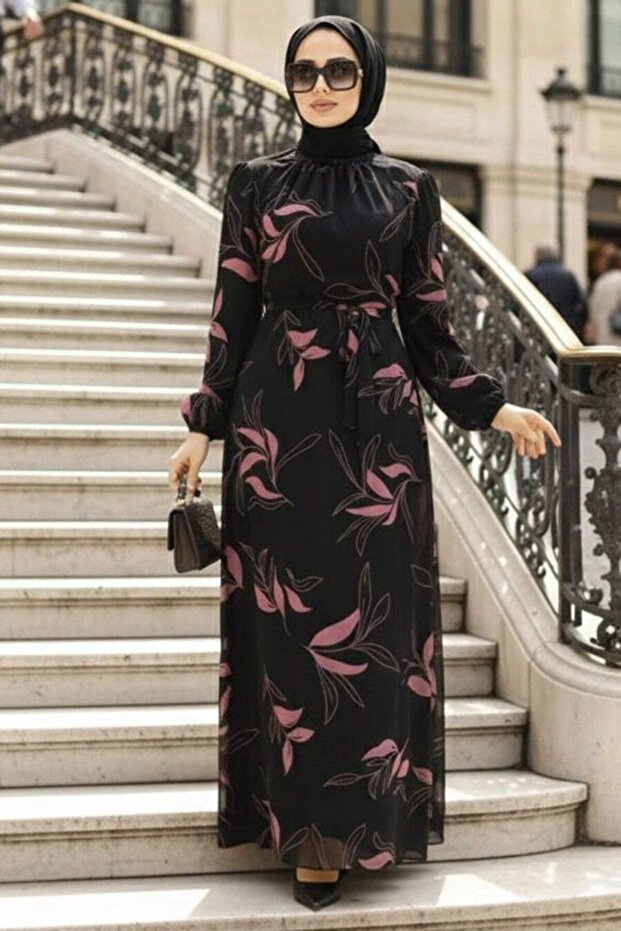 Leaf Patterned Dusty Rose Hijab Dress 279315Gk