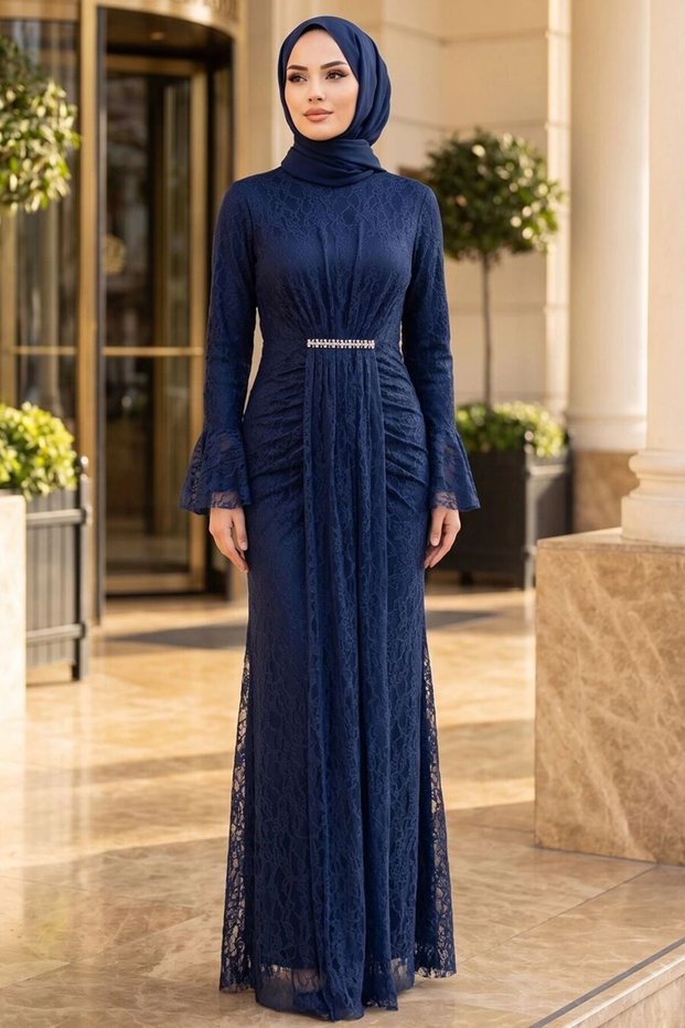 Lace Navy Blue Hijab Evening Dress 56621L