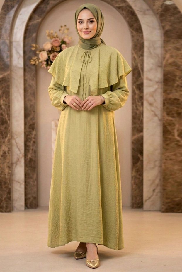 Cape Detailed Scarf Collar Light Khaki Hijab Dress 5326Ahk