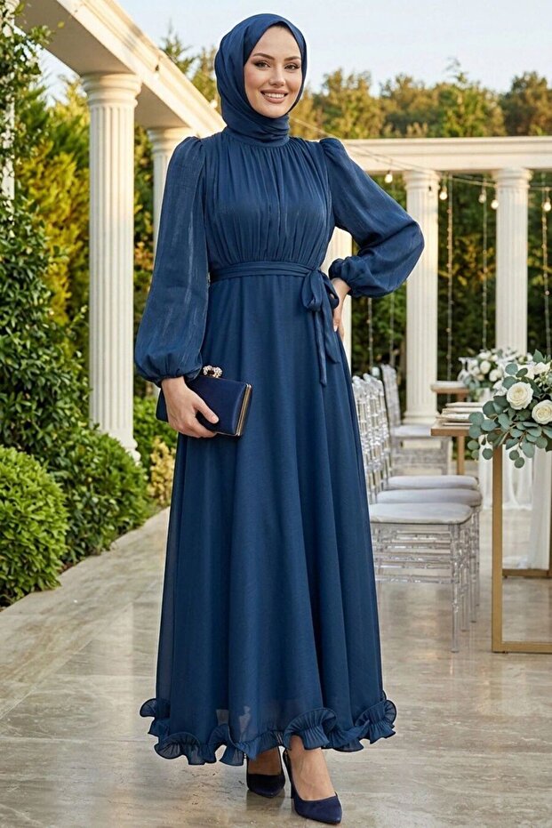 Balon Sleeve Navy Blue Hijab Evening Dress 6278L