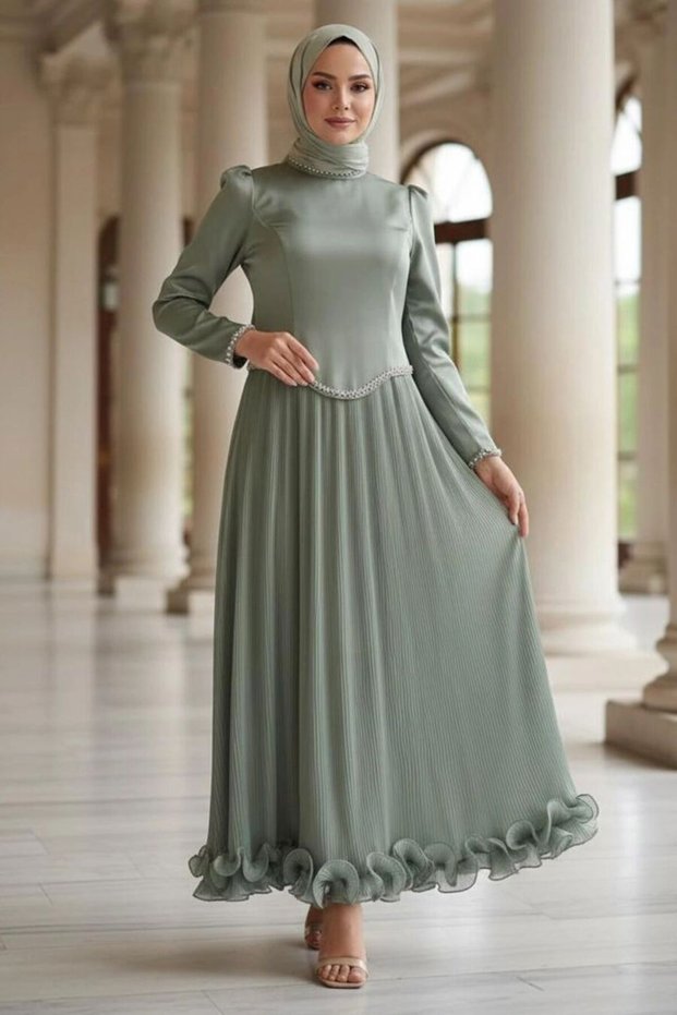 Beaded Detailed Mint Hijab Evening Dress 54981Mint