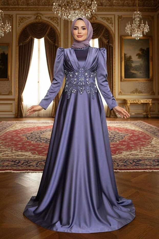 Beaded Dark Lilac Satin Hijab Evening Dress 22640Klila