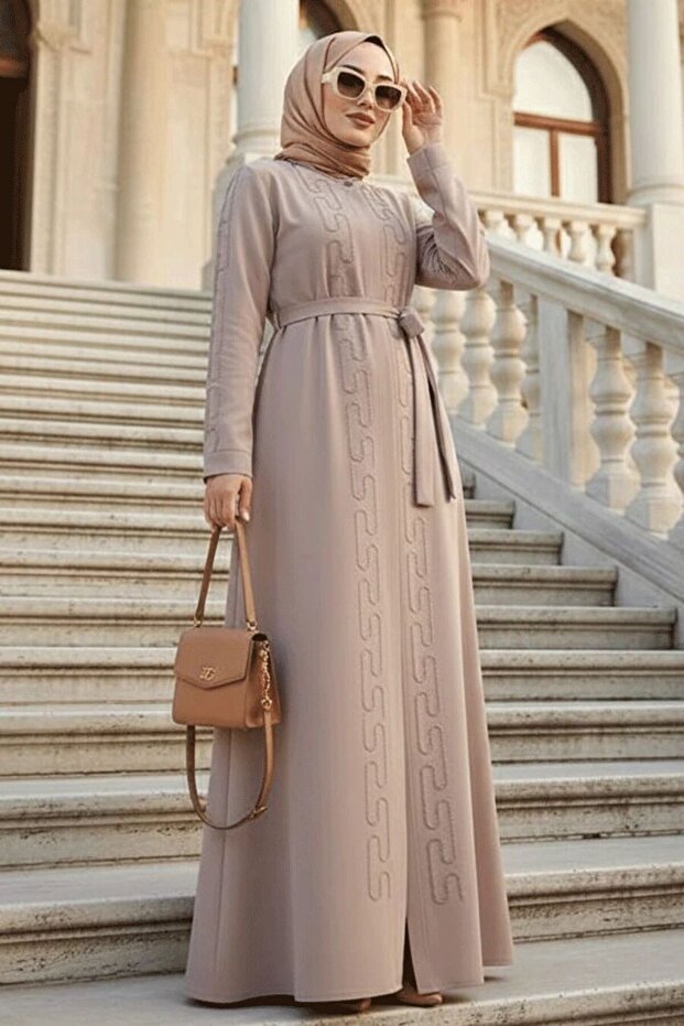 Beaded Embroidered Beige Hijab Abaya 29118Bej