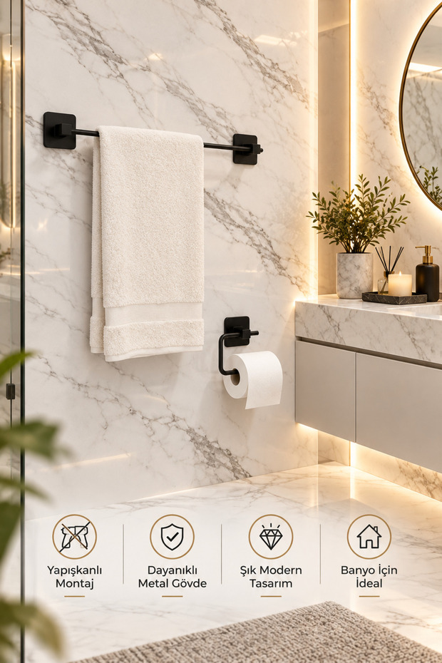 Black Square Adhesive Long Towel Holder Black Open Adhesive Toilet Paper Holder 2-Piece Bathroom Accessory Set