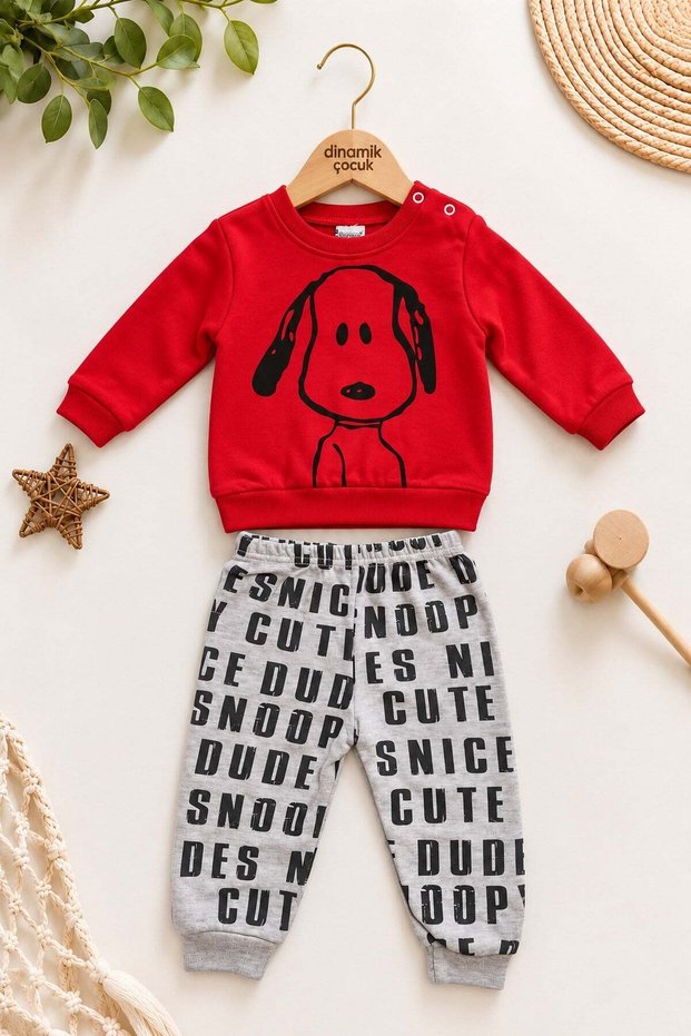 Baby Boy Front-Back Dog Printed Sweatshirt and Lettered Sweatpants 2-Piece Set 3-6-9-12 Months