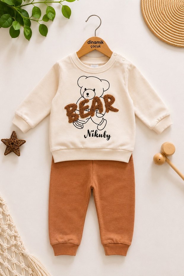 Baby boy bear embroidered 2-piece set seasonal long sleeve sweatshirt & sweatpants outfit, 3-12 months