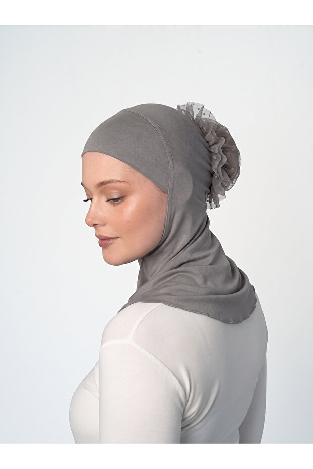 Large Hijab Bonnet with Button - Laced Neck Collar Bonnet - Dark Gray - (St124), (Id 7812427)