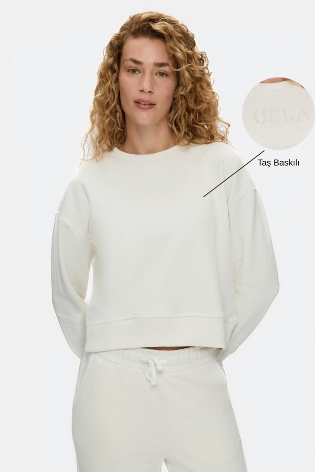 Clarice Bone Color Crew Neck Cotton Glitter Stone Printed Loose Fit Women's Sweatshirt
