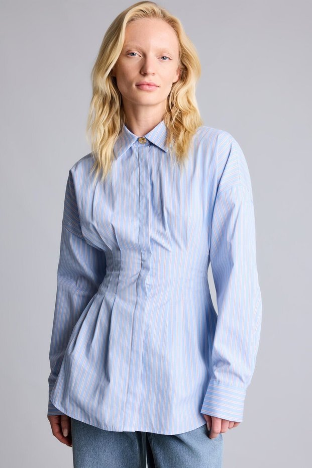 100% Cotton Fitted Waist Detailed Classic Collar Striped Poplin Long Sleeve Shirt I4658Ax26Au