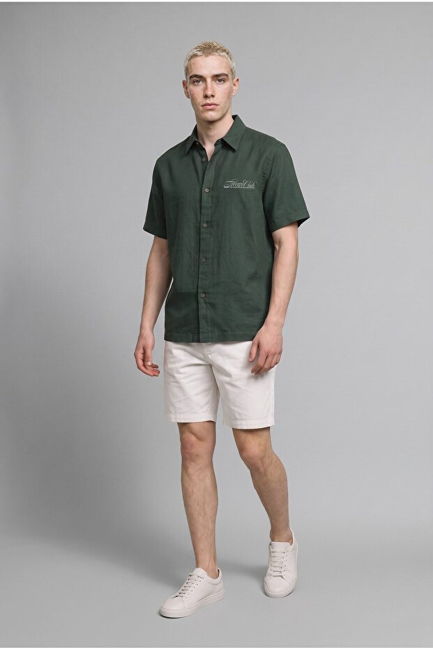 Boxy Fit Embroidered Cotton Linen Blend Short Sleeve Shirt H7328Ax26Hs