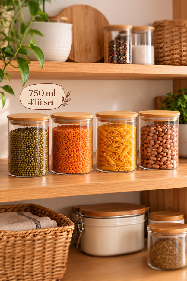 1-4 Bamboo Vacuum Lids Round Borosilicate Glass 4-Piece Jar Set Storage Container 750ml 10X12Cm