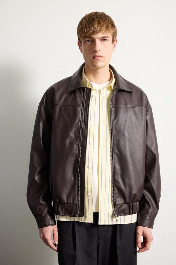 Oversize Shirt Collar Leather Look Zippered Coat G0193Ax26Sp