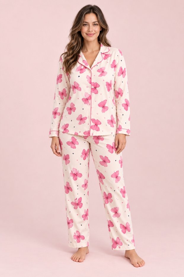 Plus Size Suede Women's Pajama Set Cream Pink Butterfly Patterned