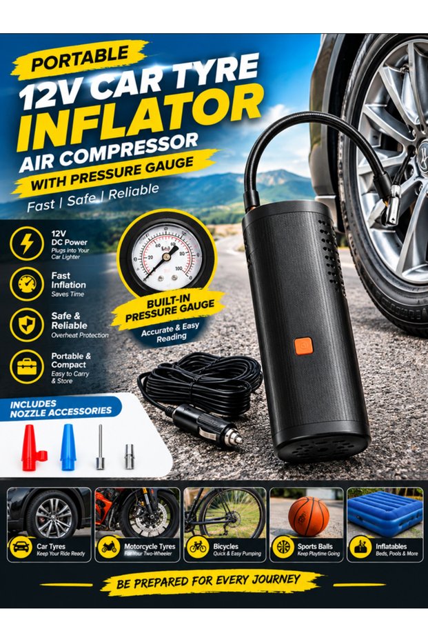 Portable 12V Car Tyre Inflator Air Compressor with Pressure Gauge