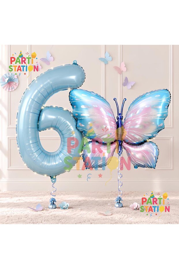 Pink Blue Butterfly and Blue Number Balloon 6 Years Old Balloon Set Butterfly Concept Birthday Foil Balloon Set