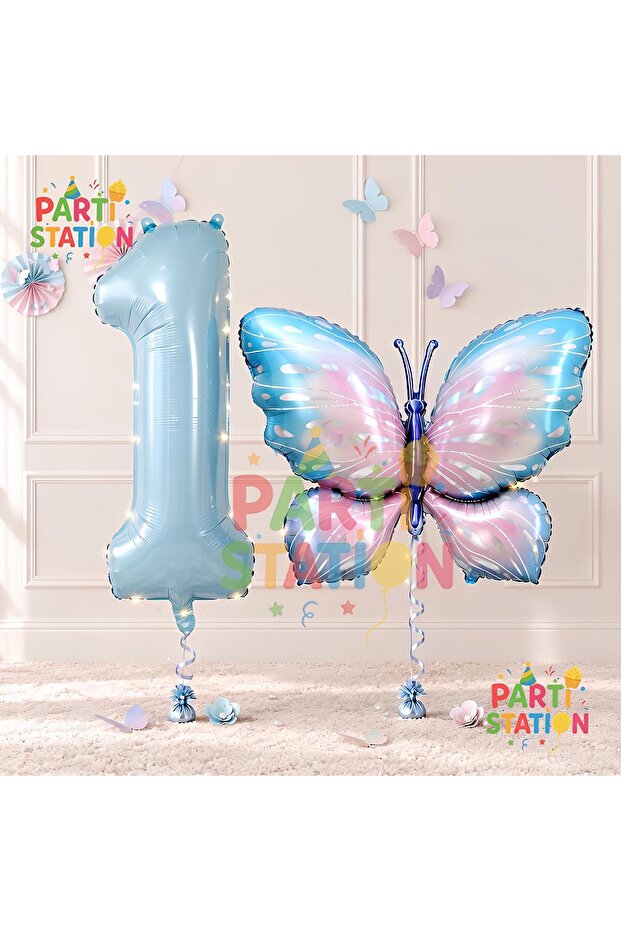 Pink Blue Butterfly and Blue Number Balloon 1 Year Old Balloon Set Butterfly Concept Birthday Foil Balloon Set