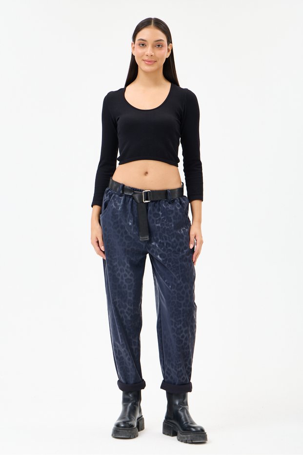 Women's Navy Blue Italian Wide Fit Belted Leopard Patterned Faux Leather Trousers