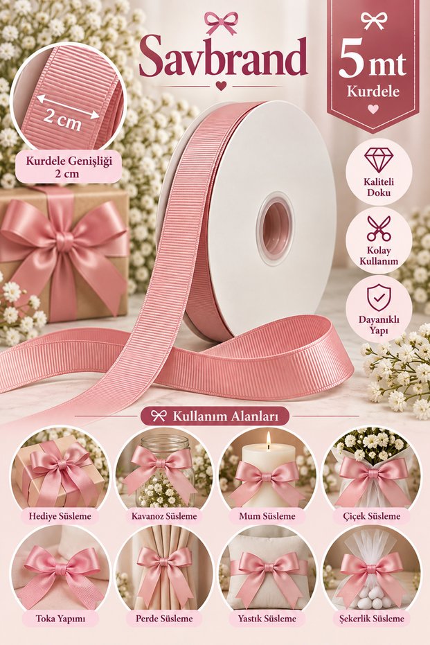2 cm Grogren Ribbon 5 Yards β Decorative Hobby, Embellishment, Gift Wrapping, and Craft Ribbon