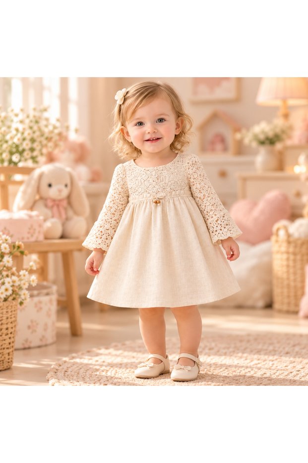 Baby Girl Beaded Natural Lace Dress-Cream