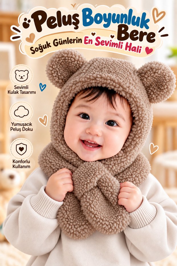 Baby Tammy Children's Hooded Plush Beanie Scarf Plush Windproof Beanie with Ears Plush Neck Collar Beanie