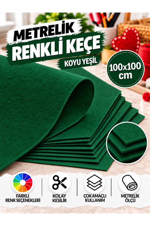 Dark Green Felt Fabric Suitable for Handicrafts and Gift Use – 160 Gr 100X100 cm (1 Meter)