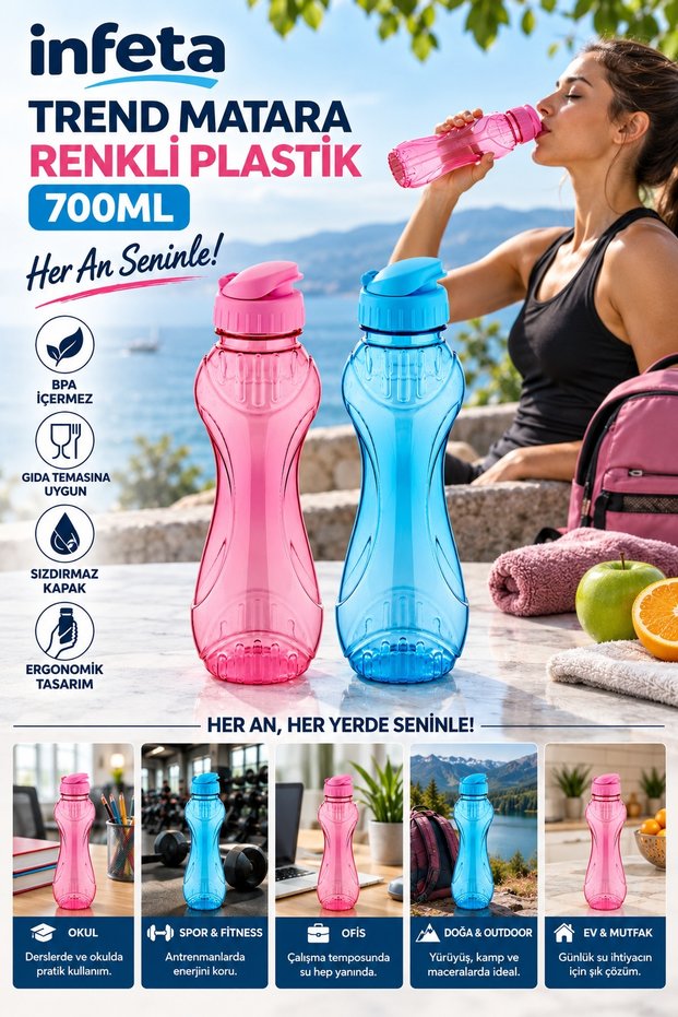 700 ml Colorful Plastic Flask with Leak-Proof Lid Ergonomic Water Bottle