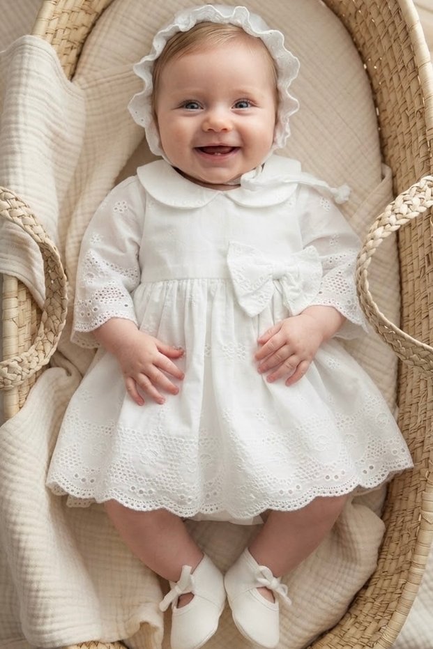 Magnolia Baby Girl Peter Pan Collar Eyelet Embroidery Dress Newborn Luxury Dress Set - Hospital Take-Home and Religious Ceremony Set