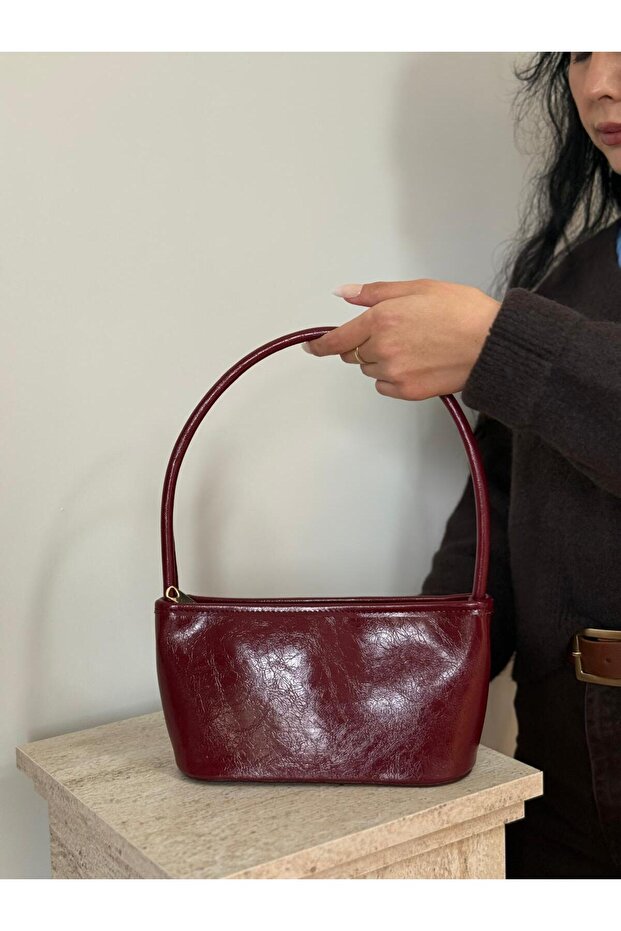 Women's Burgundy Petunya Model Baguette Shoulder Bag
