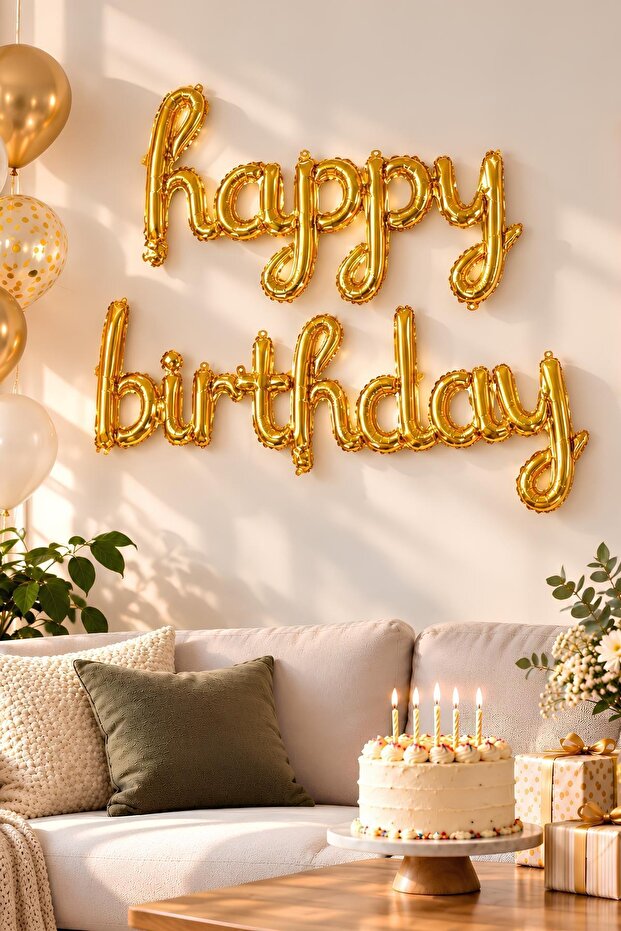 Handwritten 16 Inch Happy Birthday Gold Balloon Set